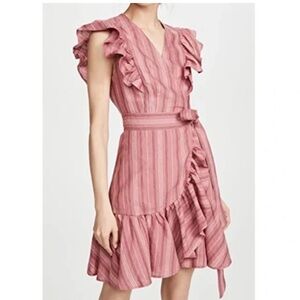 Rebecca Taylor Pink Striped Linen Wrap Dress Ruffle Detail Size 0